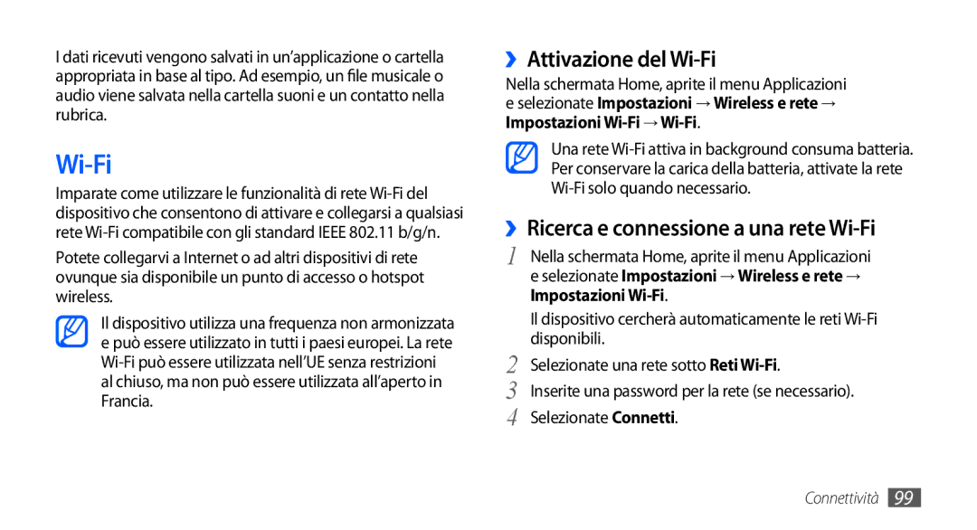 Samsung GT-I9000HKDTIM, GT-I9000HKYITV manual ››Attivazione del Wi-Fi, ››Ricerca e connessione a una rete Wi-Fi 