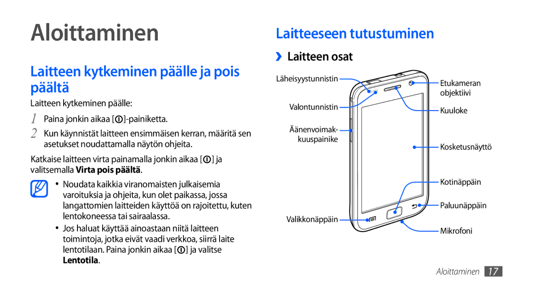 Samsung GT-I9000HKDTDC, GT-I9000HKYNEE manual Aloittaminen, Laitteen kytkeminen päälle ja pois päältä, ››Laitteen osat 