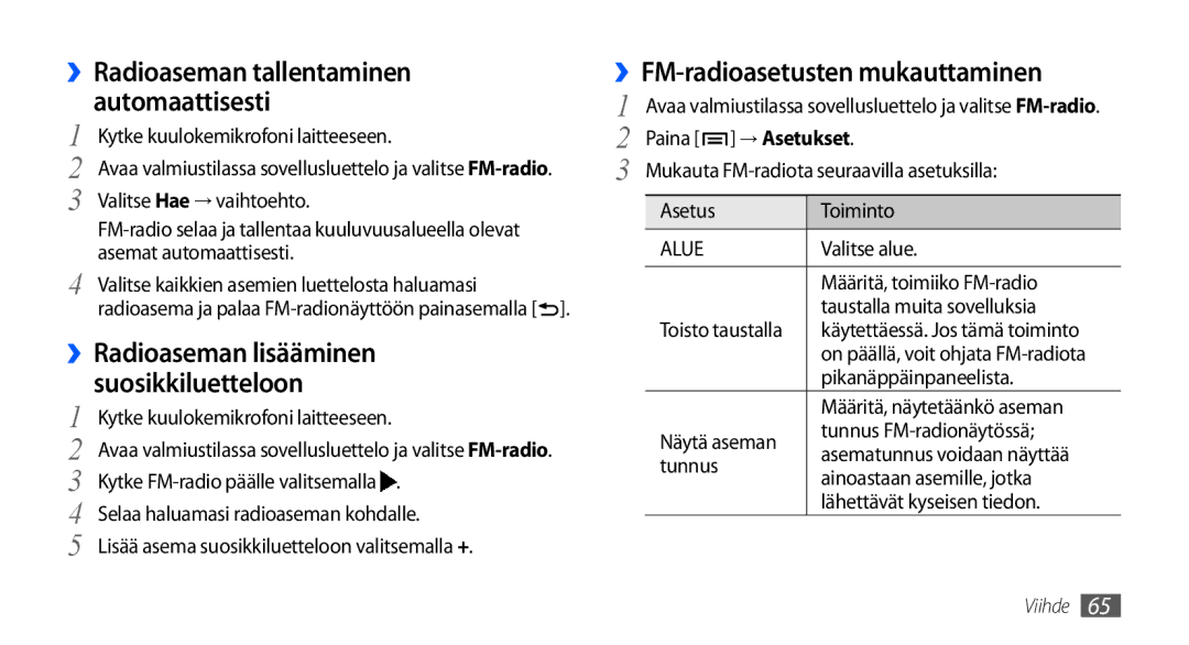 Samsung GT-I9000HKDXEE manual ››Radioaseman tallentaminen Automaattisesti, ››Radioaseman lisääminen, Suosikkiluetteloon 