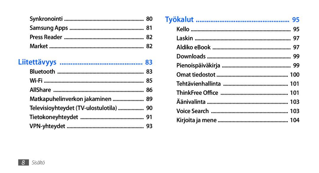 Samsung GT-I9000HKDNEE, GT-I9000HKYNEE, GT-I9000HKDXEE, GT-I9000HKDTDC, GT-I9000RWYNEE, GT-I9000HKYTDC manual Liitettävyys 