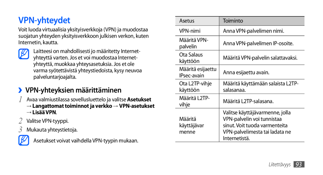 Samsung GT-I9000HKDXEE, GT-I9000HKYNEE, GT-I9000HKDNEE manual VPN-yhteydet, ››VPN-yhteyksien määrittäminen, → Lisää VPN 