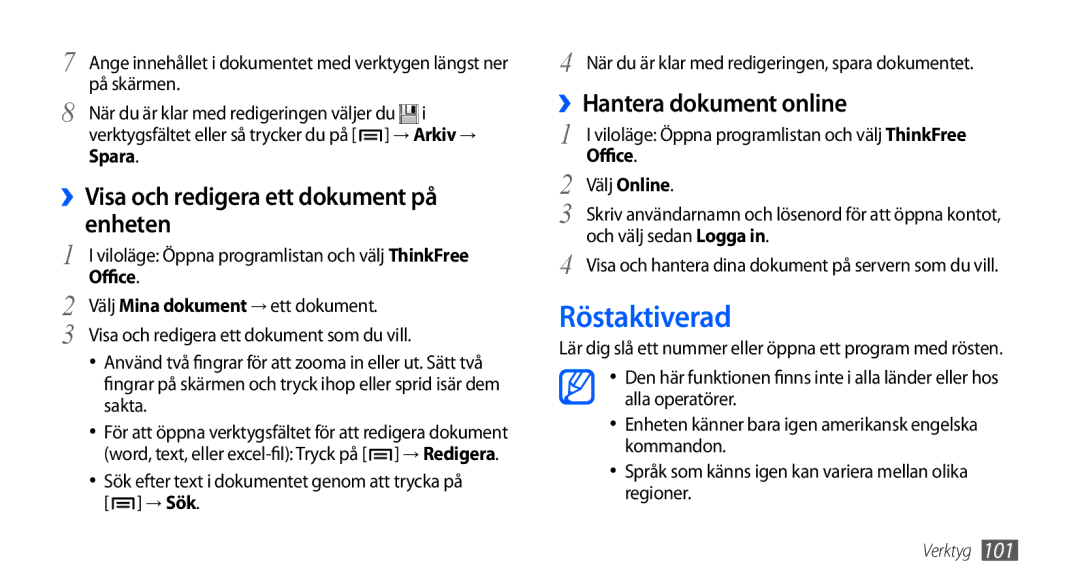 Samsung GT-I9000HKDTDC manual Röstaktiverad, ››Visa och redigera ett dokument på enheten, ››Hantera dokument online 