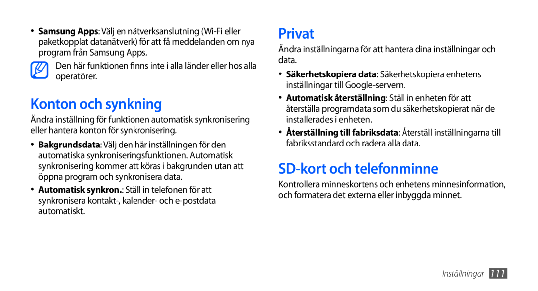 Samsung GT-I9000HKDODK, GT-I9000HKYNEE, GT-I9000HKDNEE, GT-I9000HKDXEE Konton och synkning, Privat, SD-kort och telefonminne 