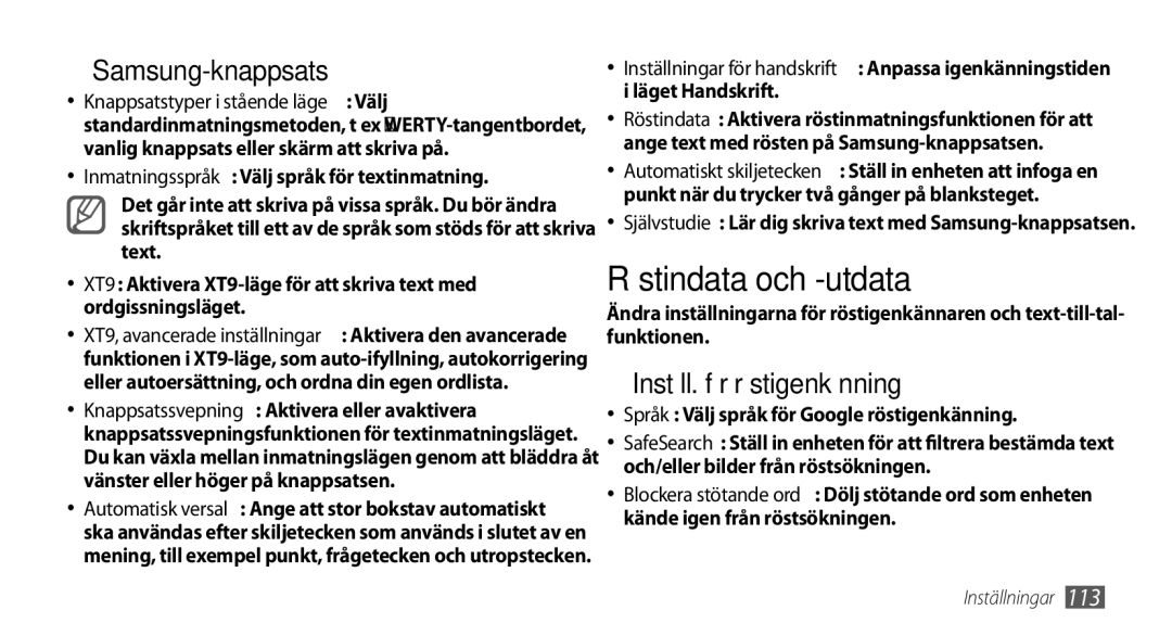 Samsung GT-I9000HKDNEE, GT-I9000HKYNEE manual Röstindata och -utdata, ››Samsung-knappsats, ››Inställ. för röstigenkänning 