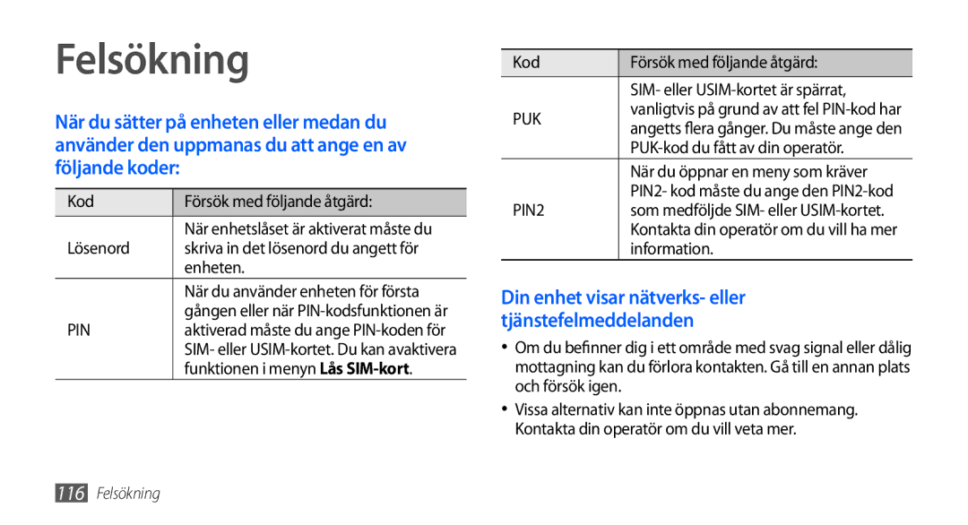 Samsung GT-I9000RWYNEE Felsökning, Kod Försök med följande åtgärd, Lösenord, PUK-kod du fått av din operatör, Information 