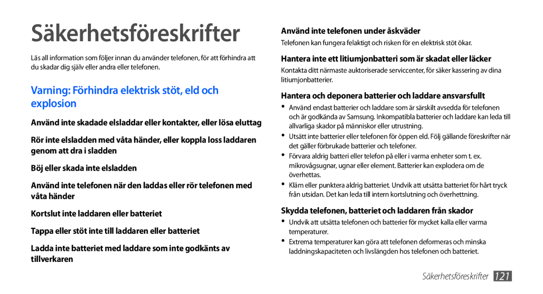 Samsung GT-I9000HKDXEE, GT-I9000HKYNEE manual Säkerhetsföreskrifter, Varning Förhindra elektrisk stöt, eld och explosion 