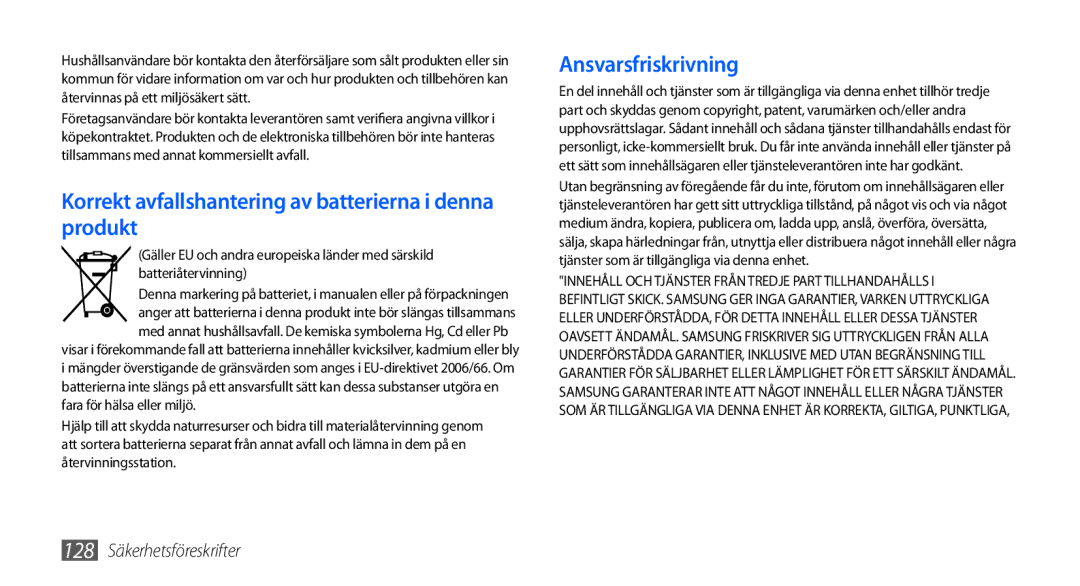 Samsung GT-I9000HKDXEE, GT-I9000HKYNEE, GT-I9000HKDNEE manual Korrekt avfallshantering av batterierna i denna produkt 