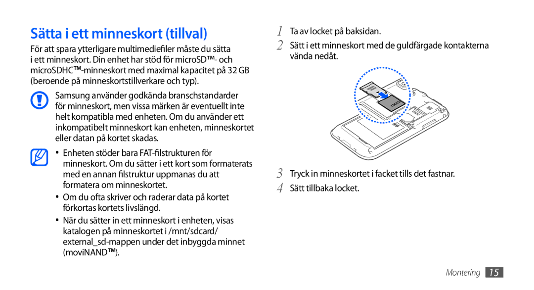 Samsung GT-I9000HKDNEE, GT-I9000HKYNEE, GT-I9000HKDXEE, GT-I9000HKDTDC, GT-I9000RWYNEE manual Sätta i ett minneskort tillval 