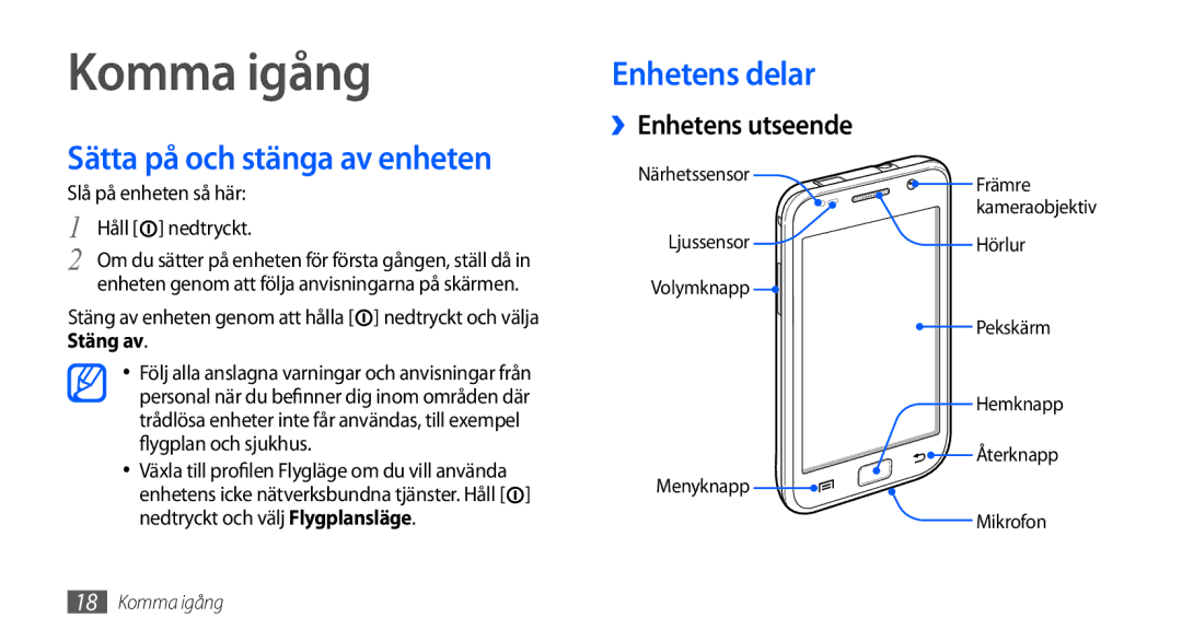 Samsung GT-I9000RWYNEE, GT-I9000HKYNEE, GT-I9000HKDNEE Komma igång, Sätta på och stänga av enheten, Slå på enheten så här 