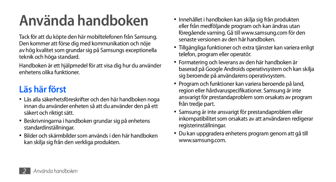 Samsung GT-I9000HKDXEE, GT-I9000HKYNEE, GT-I9000HKDNEE, GT-I9000HKDTDC, GT-I9000RWYNEE manual Använda handboken, Läs här först 