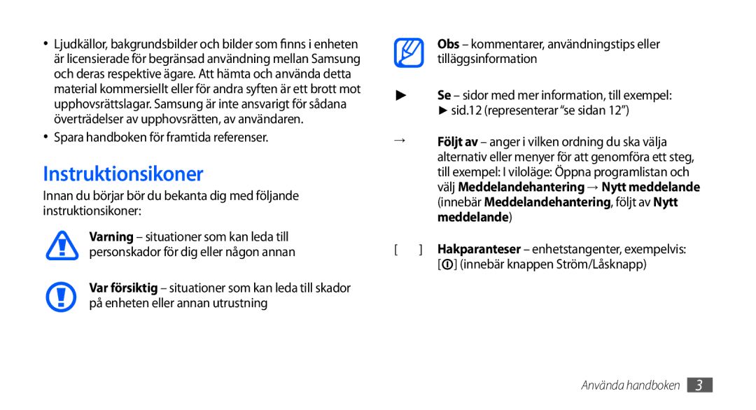 Samsung GT-I9000HKDTDC, GT-I9000HKYNEE, GT-I9000HKDNEE manual Instruktionsikoner, Spara handboken för framtida referenser 