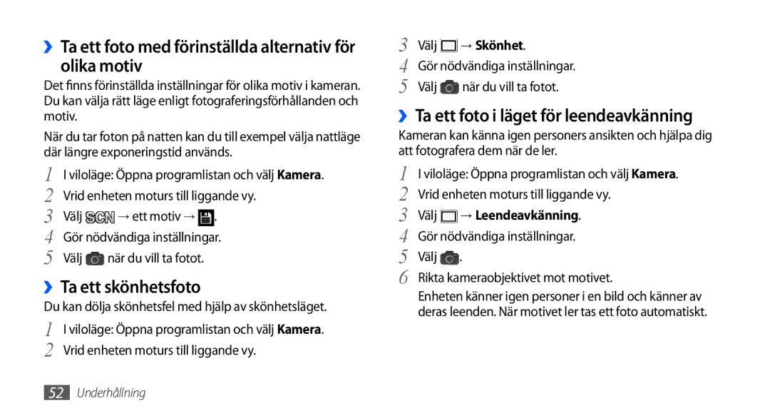 Samsung GT-I9000HKDTDC manual ››Ta ett foto med förinställda alternativ för olika motiv, ››Ta ett skönhetsfoto, → Skönhet 