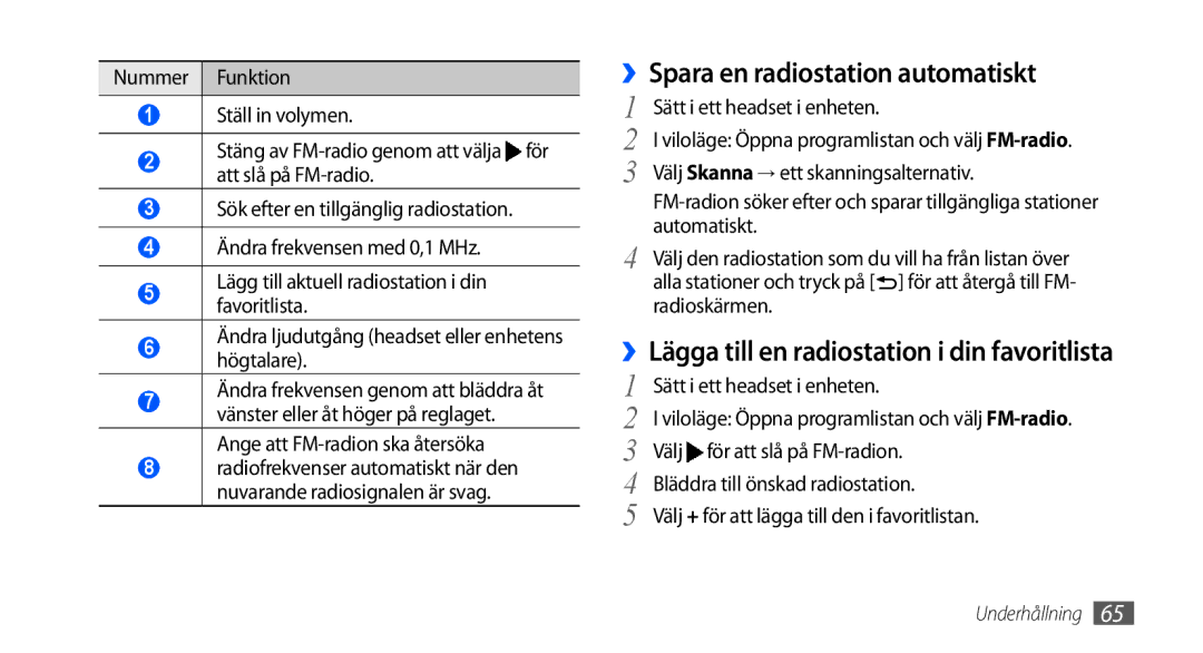 Samsung GT-I9000HKDXEE manual ››Spara en radiostation automatiskt, ››Lägga till en radiostation i din favoritlista 