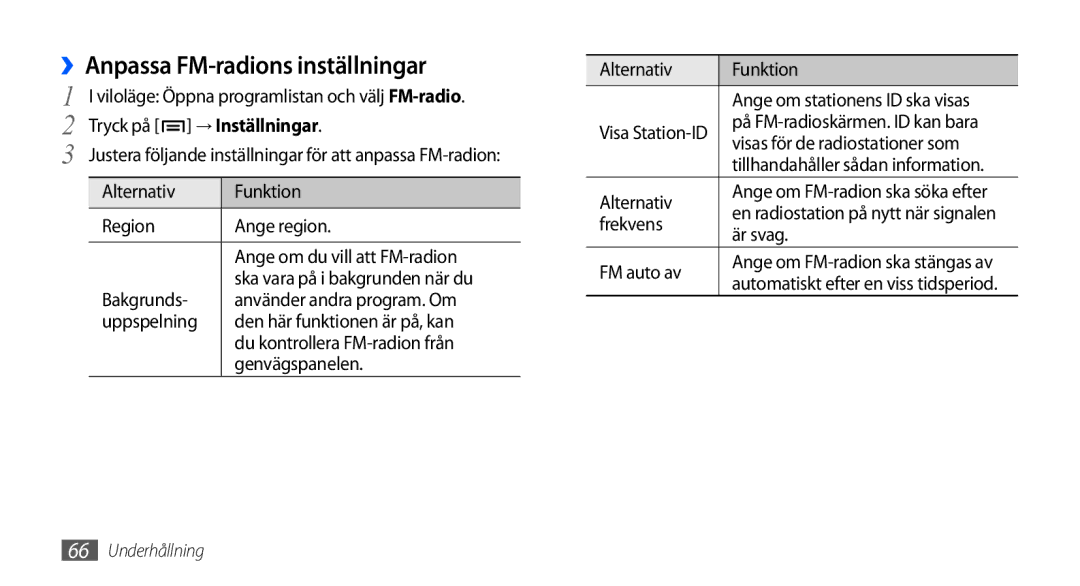 Samsung GT-I9000HKDTDC manual ››Anpassa FM-radions inställningar, Alternativ Funktion Region Ange region, Frekvens, Är svag 