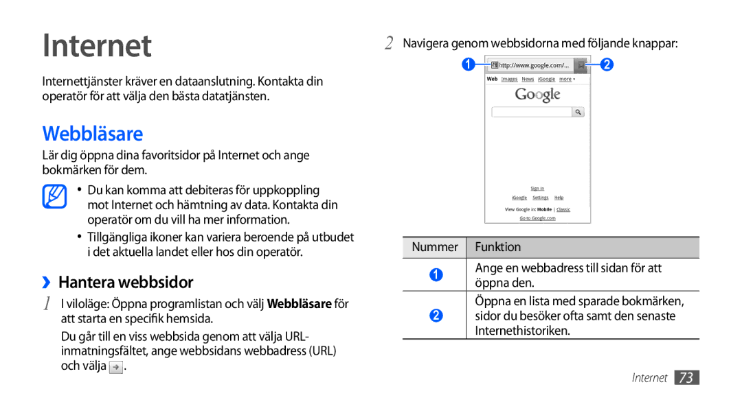 Samsung GT-I9000HKDTDC, GT-I9000HKYNEE, GT-I9000HKDNEE, GT-I9000HKDXEE manual Internet, Webbläsare, ››Hantera webbsidor 