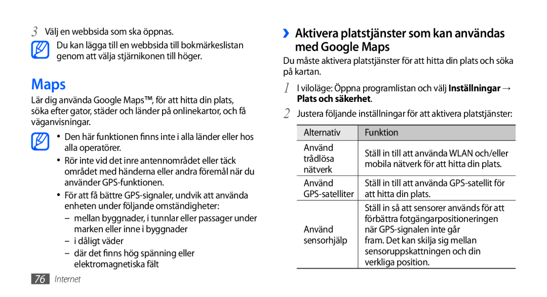 Samsung GT-I9000HKDODK, GT-I9000HKYNEE ››Aktivera platstjänster som kan användas med Google Maps, Plats och säkerhet 