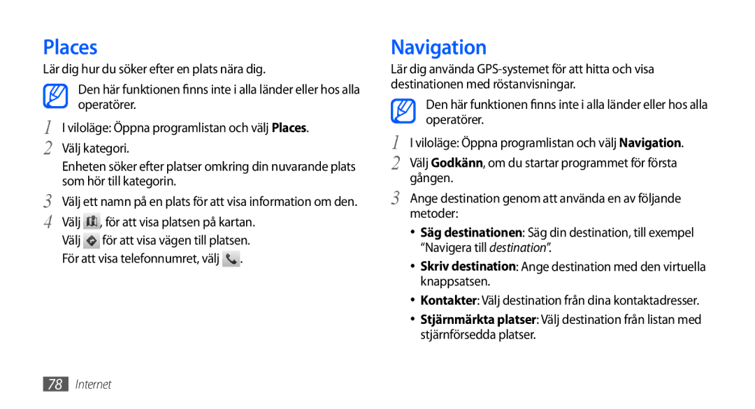 Samsung GT-I9000HKDNEE, GT-I9000HKYNEE, GT-I9000HKDXEE, GT-I9000HKDTDC, GT-I9000RWYNEE, GT-I9000HKYTDC manual Places, Navigation 