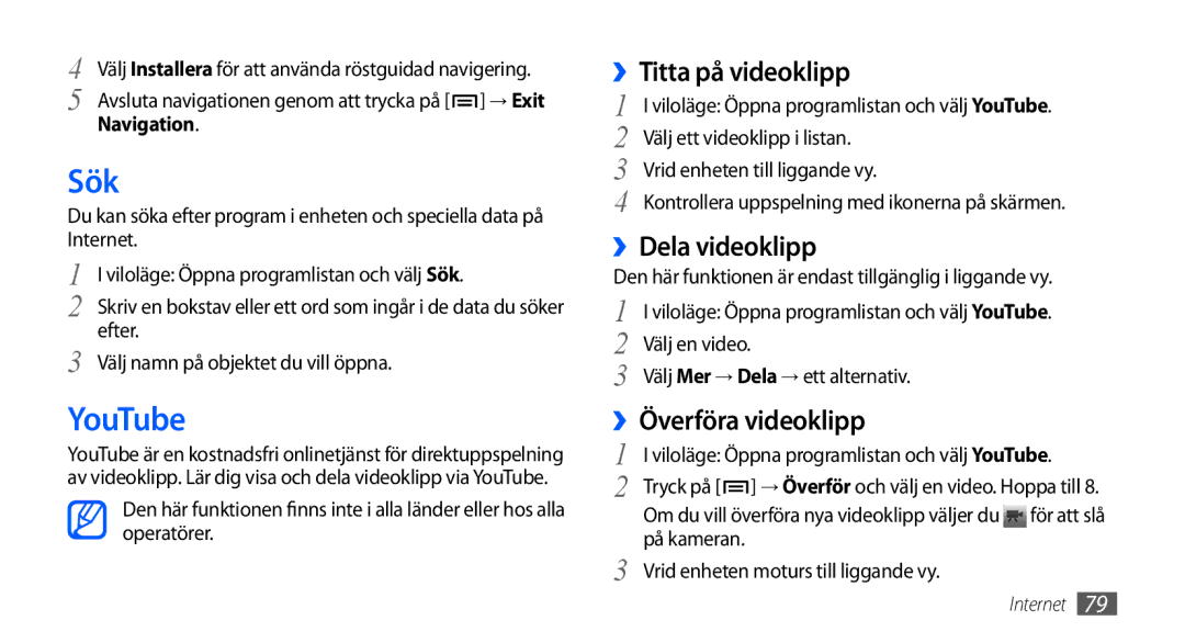 Samsung GT-I9000HKDXEE, GT-I9000HKYNEE manual Sök, YouTube, ››Titta på videoklipp, ››Dela videoklipp, ››Överföra videoklipp 
