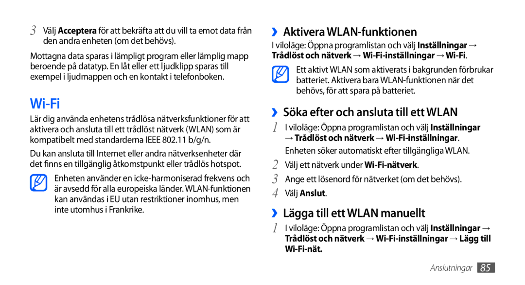 Samsung GT-I9000HKDNEE, GT-I9000HKYNEE manual Wi-Fi, ››Aktivera WLAN-funktionen, ››Söka efter och ansluta till ett Wlan 