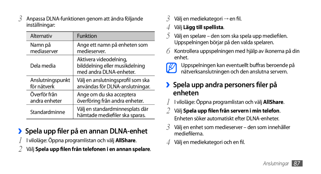 Samsung GT-I9000HKDTDC manual ››Spela upp andra personers filer på enheten, ››Spela upp filer, På en annan DLNA-enhet 