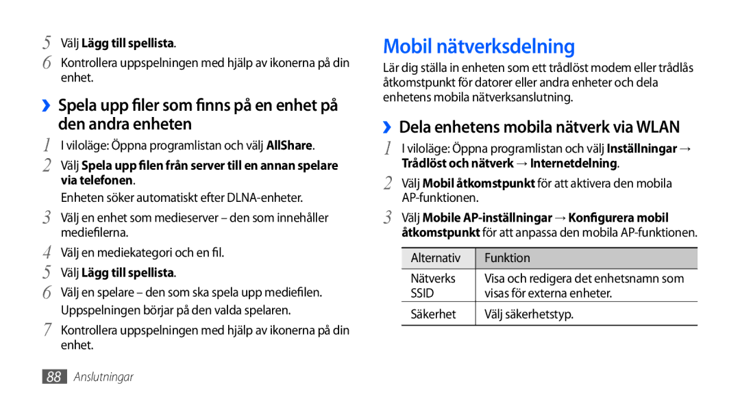 Samsung GT-I9000RWYNEE, GT-I9000HKYNEE, GT-I9000HKDNEE Mobil nätverksdelning, ››Spela upp filer som finns på en enhet på 