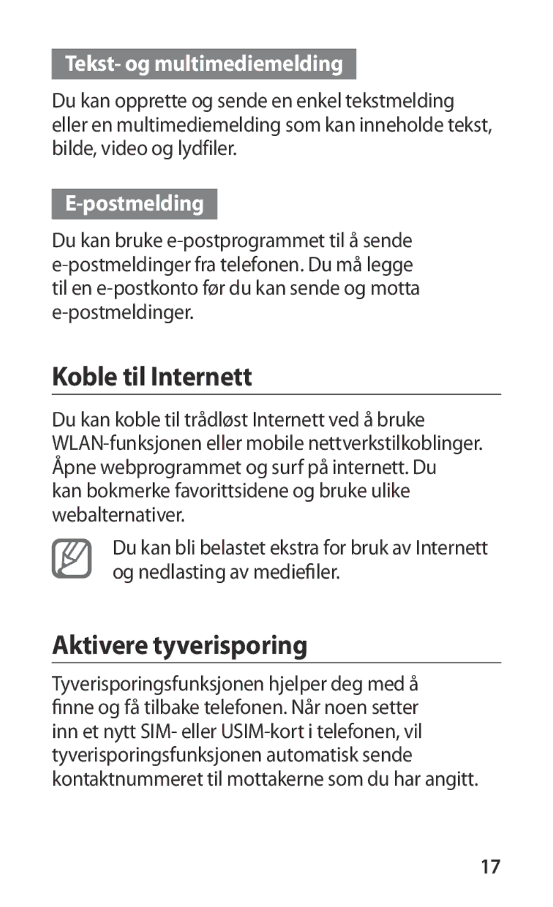 Samsung GT-I9000HKDTDC manual Koble til Internett, Aktivere tyverisporing, Tekst- og multimediemelding, Postmelding 