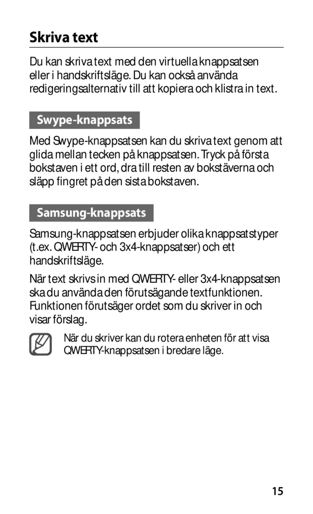 Samsung GT-I9000HKDNEE, GT-I9000HKYNEE, GT-I9000HKDXEE, GT-I9000HKDTDC manual Skriva text, Swype-knappsats, Samsung-knappsats 