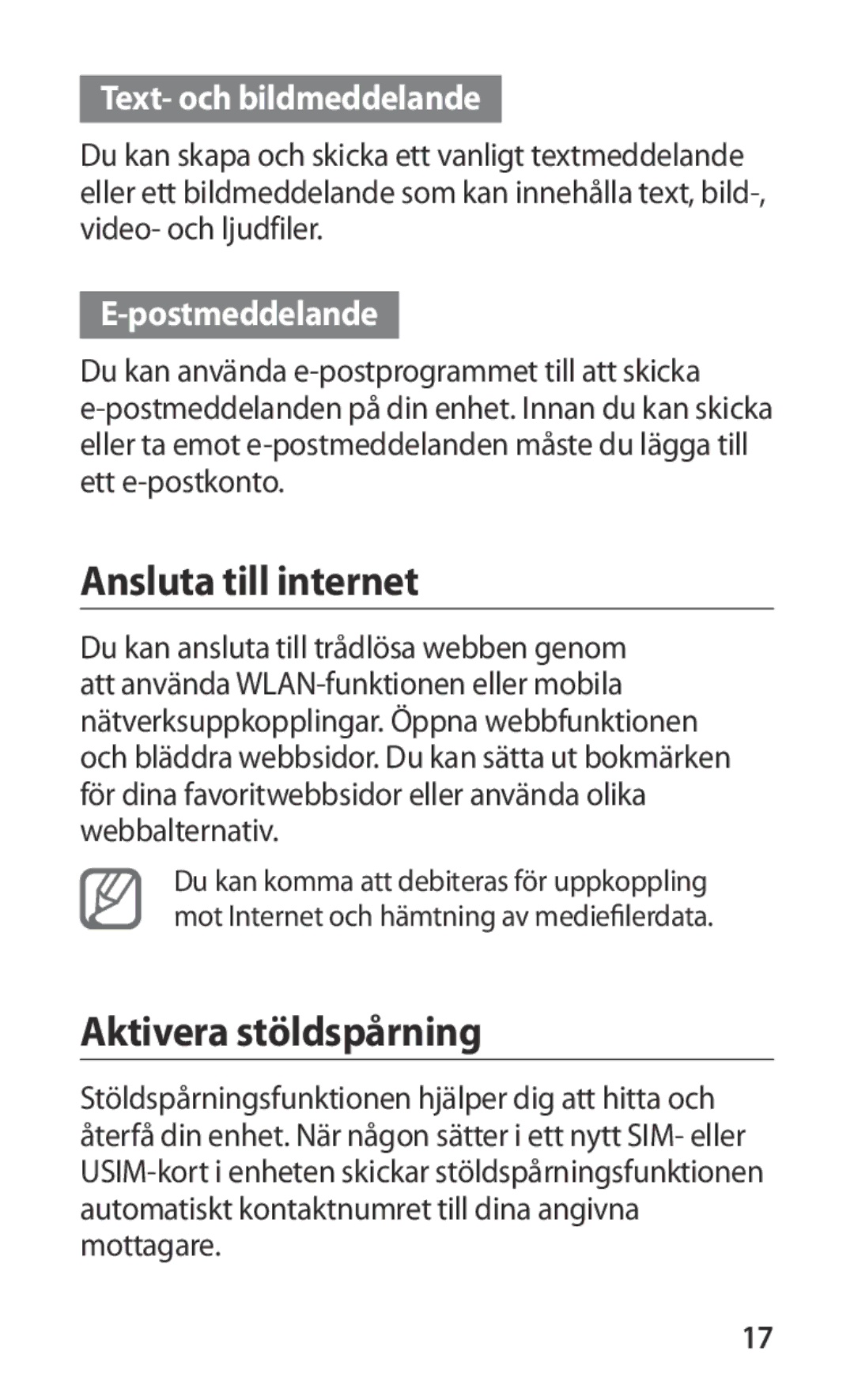 Samsung GT-I9000HKDTDC manual Ansluta till internet, Aktivera stöldspårning, Text- och bildmeddelande, Postmeddelande 