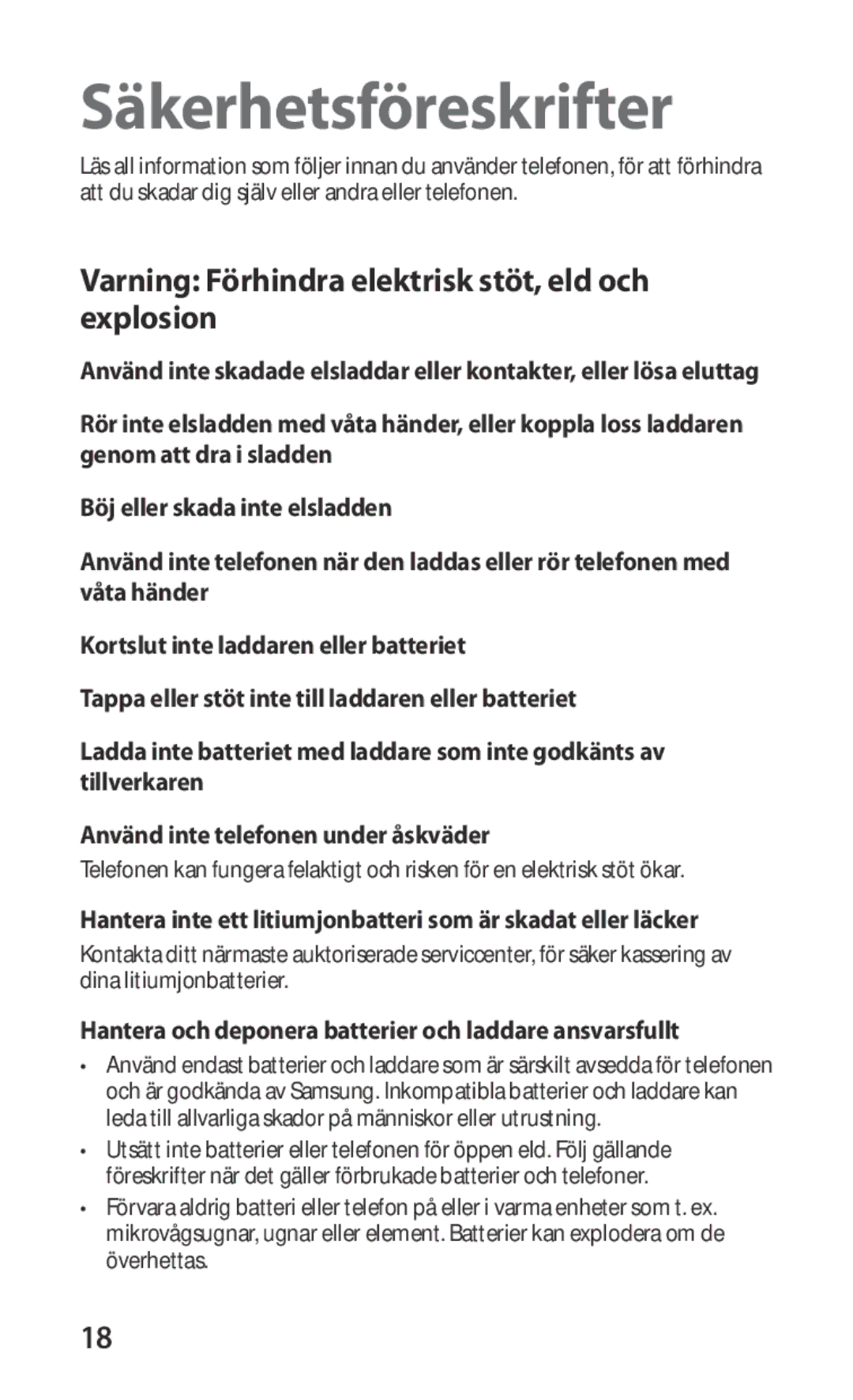 Samsung GT-I9000RWYNEE, GT-I9000HKYNEE, GT-I9000HKDNEE, GT-I9000HKDXEE Varning Förhindra elektrisk stöt, eld och explosion 