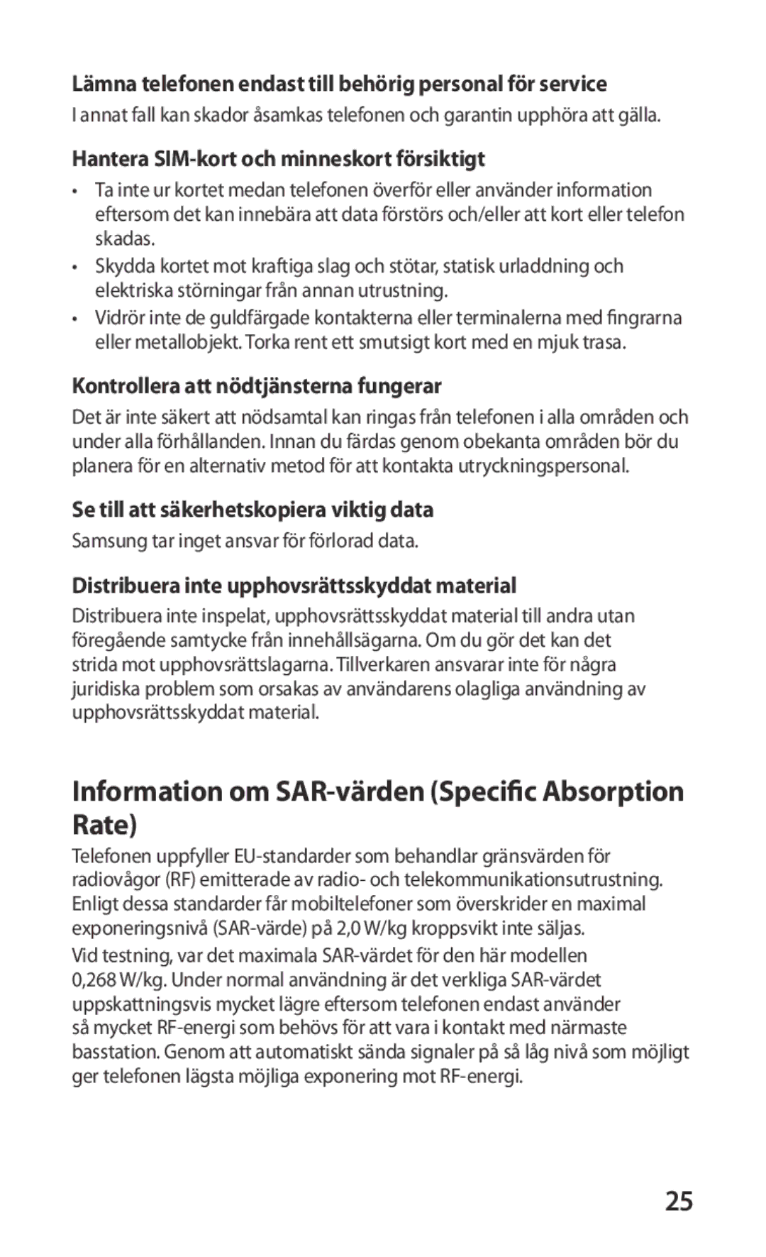 Samsung GT-I9000RWYNEE, GT-I9000HKYNEE, GT-I9000HKDNEE, GT-I9000HKDXEE Information om SAR-värden Specific Absorption Rate 