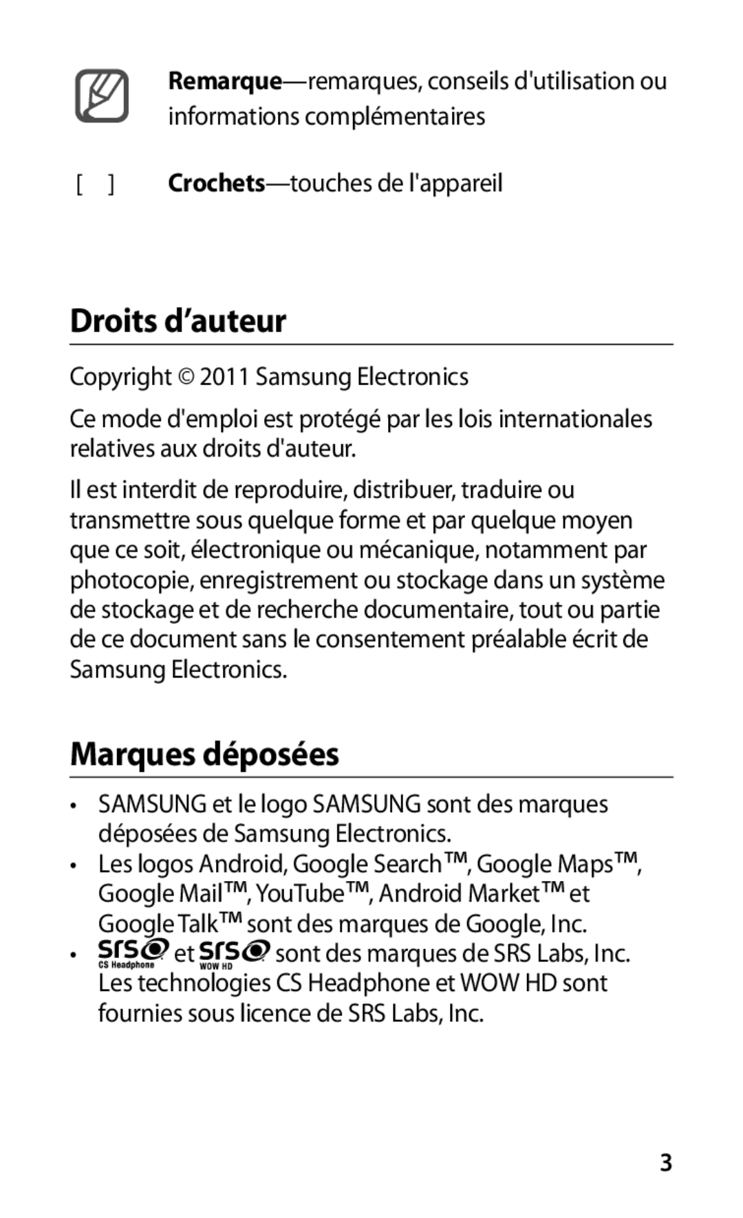 Samsung GT-I9000HKYBOG, GT-I9000HKYXEF, GT-I9000HKYNRJ, GT-I9000HKDFTM, GT-I9000HKYFTM manual Droits d’auteur, Marques déposées 