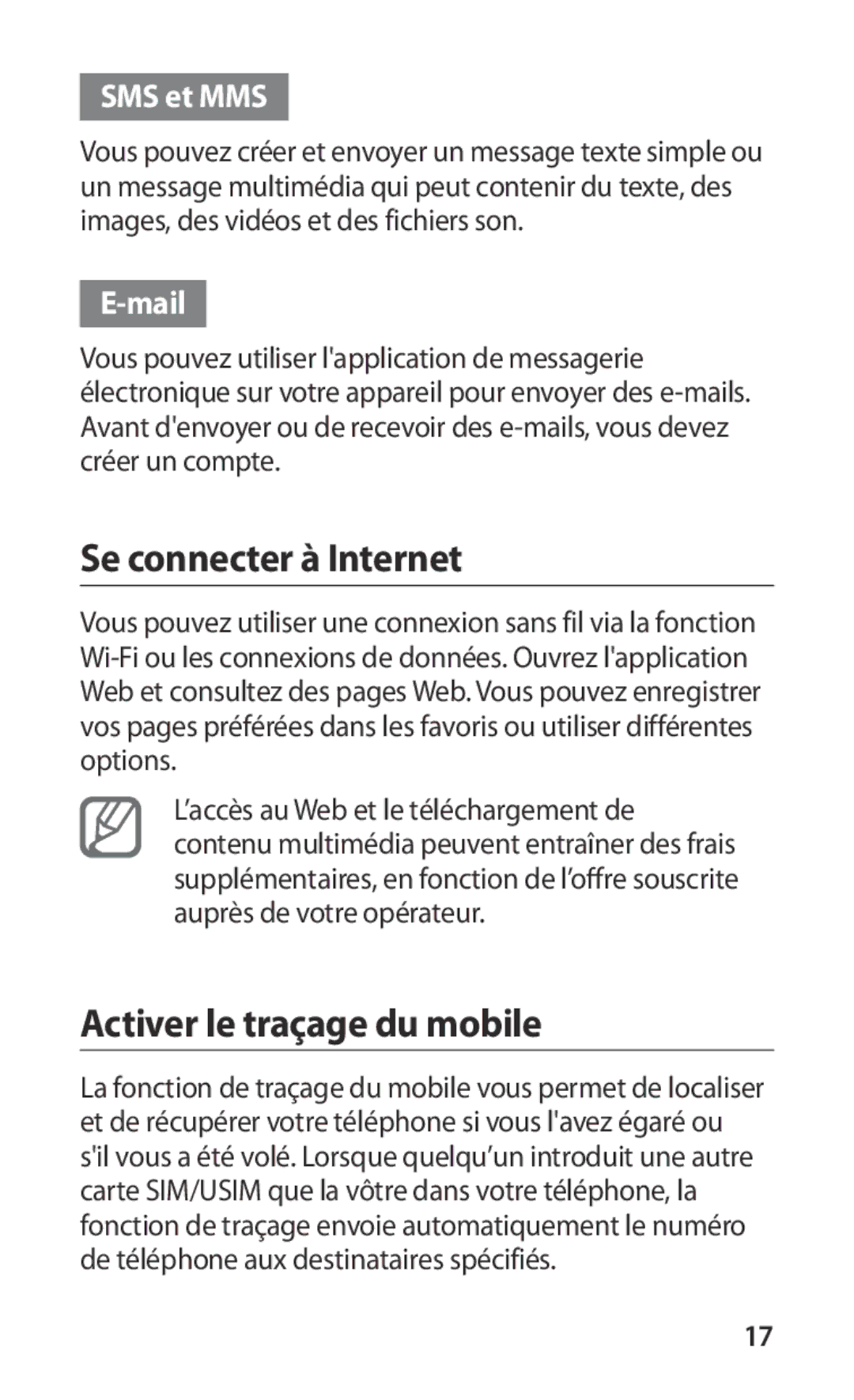 Samsung GT-I9000HKDXEF, GT-I9000HKYXEF manual Se connecter à Internet, Activer le traçage du mobile, SMS et MMS, Mail 