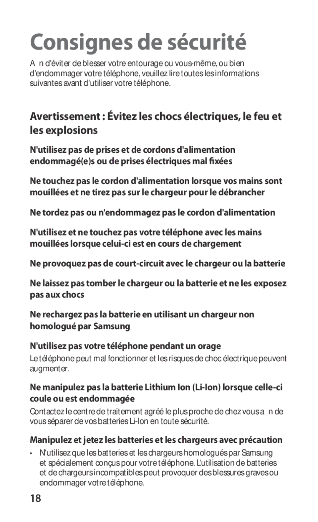 Samsung GT-I9000HKYXEF, GT-I9000HKYNRJ Consignes de sécurité, Ne tordez pas ou nendommagez pas le cordon dalimentation 