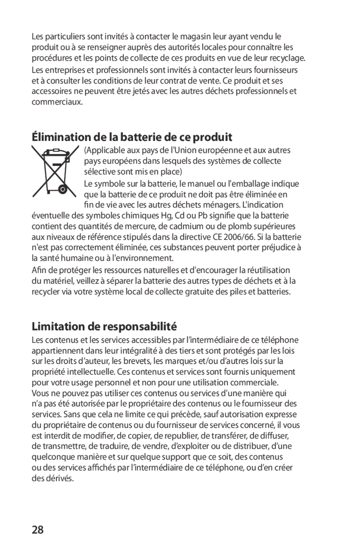 Samsung GT-I9000HKYSFR, GT-I9000HKYXEF manual Élimination de la batterie de ce produit, Limitation de responsabilité 