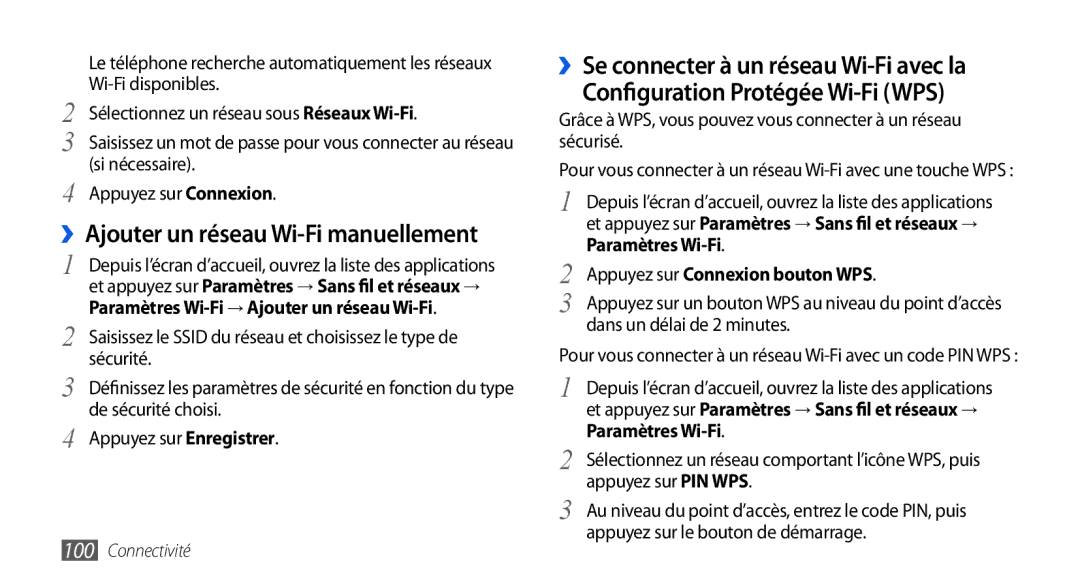 Samsung GT-I9000RWYBOG manual Configuration Protégée Wi-Fi WPS, ››Se connecter à un réseau Wi-Fi avec la, Paramètres Wi-Fi 