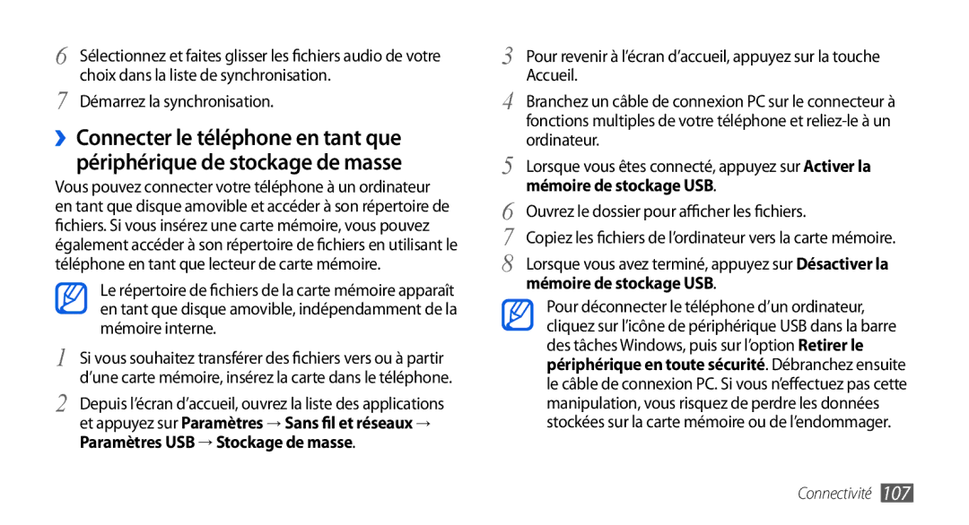 Samsung GT-I9000HKDSFR manual Choix dans la liste de synchronisation, Démarrez la synchronisation, Mémoire de stockage USB 