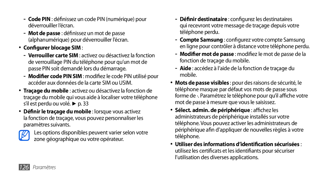 Samsung GT-I9000RWYVGF, GT-I9000HKYXEF Configurer blocage SIM, Aide accédez à l’aide de la fonction de traçage du mobile 