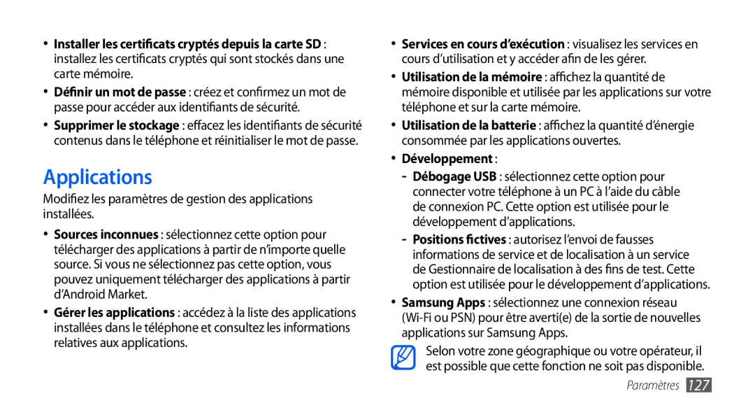 Samsung GT-I9000HKYFTM, GT-I9000HKYXEF, GT-I9000HKYNRJ, GT-I9000HKDFTM, GT-I9000RWYSFR manual Applications, Développement 