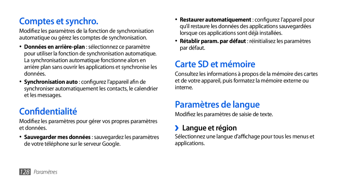 Samsung GT-I9000HKABOG Comptes et synchro, Confidentialité, Carte SD et mémoire, Paramètres de langue, ››Langue et région 