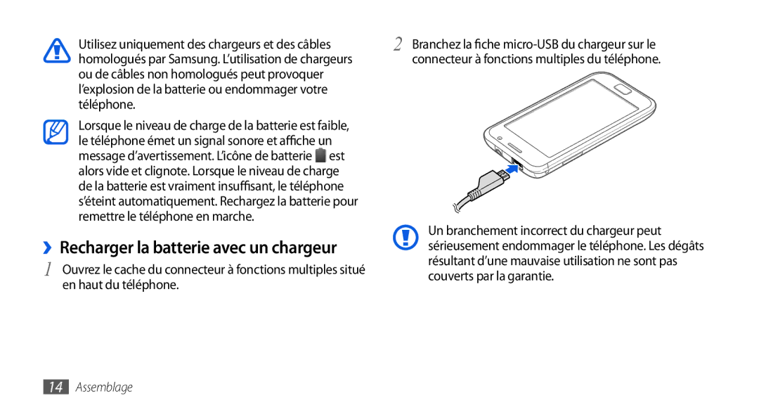 Samsung GT-I9000HKYSFR, GT-I9000HKYXEF, GT-I9000HKYNRJ, GT-I9000HKDFTM manual ››Recharger la batterie avec un chargeur 