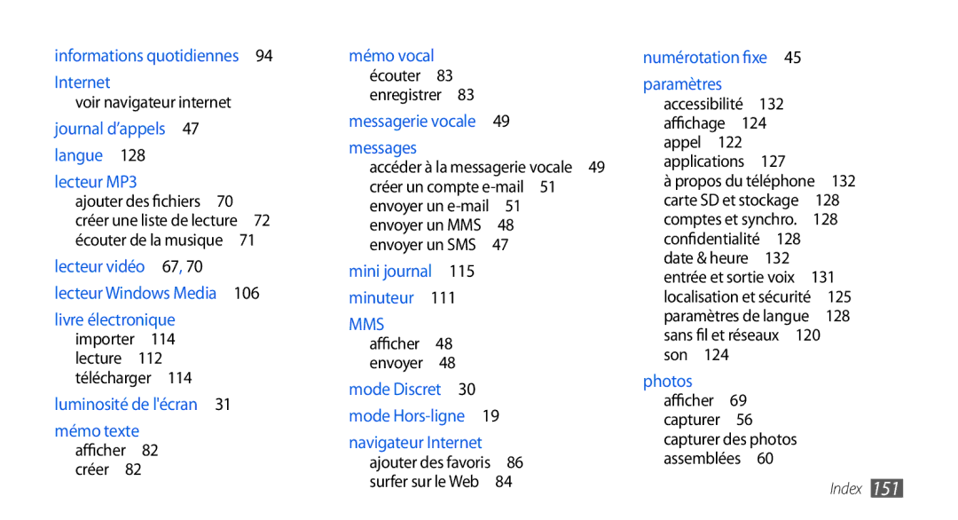 Samsung GT-I9000HKYFTM, GT-I9000HKYXEF, GT-I9000HKYNRJ manual Voir navigateur internet, 114, 122, 132, 128, Son 124 photos 