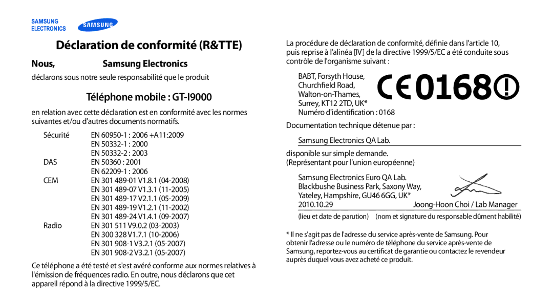 Samsung GT-I9000RWYFTM, GT-I9000HKYXEF, GT-I9000HKYNRJ, GT-I9000HKDFTM, GT-I9000RWYSFR Déclaration de conformité R&TTE, Nous 