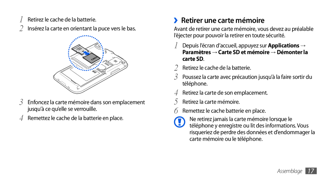 Samsung GT-I9000RWYXEF, GT-I9000HKYXEF, GT-I9000HKYNRJ, GT-I9000HKDFTM, GT-I9000RWYSFR ››Retirer une carte mémoire, Carte SD 