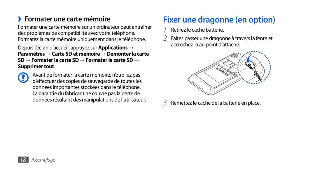 Samsung GT-I9000RWYNRJ, GT-I9000HKYXEF, GT-I9000HKYNRJ manual Fixer une dragonne en option, ››Formater une carte mémoire 