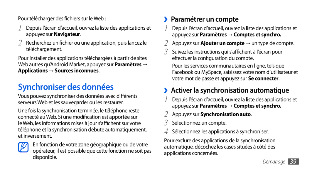 Samsung GT-I9000HKASFR manual Synchroniser des données, ››Paramétrer un compte, ››Activer la synchronisation automatique 