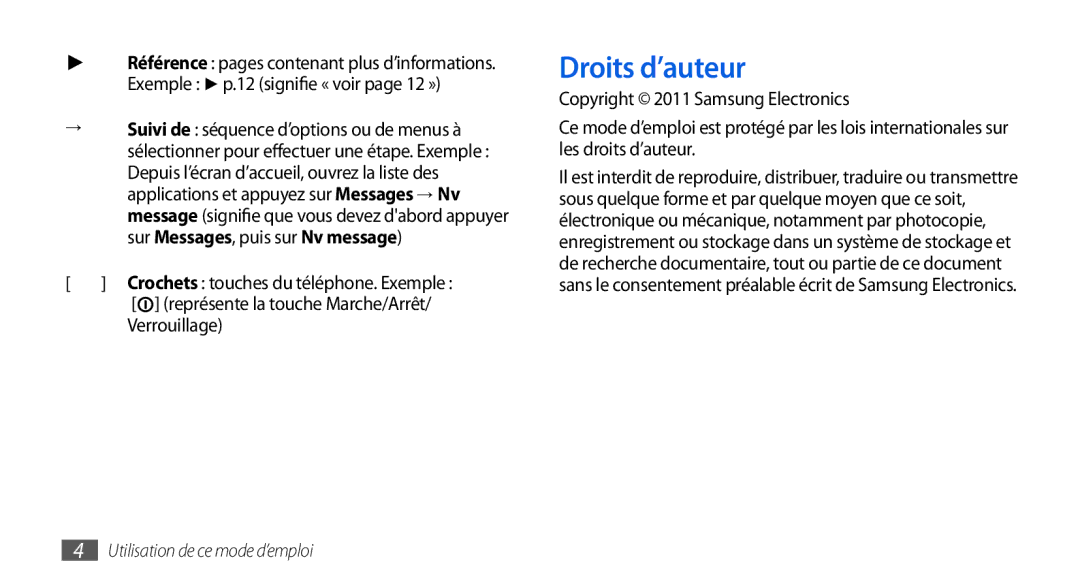 Samsung GT-I9000RWYBOG, GT-I9000HKYXEF manual Droits d’auteur, Exemple p.12 signifie « voir page 12 », Verrouillage 