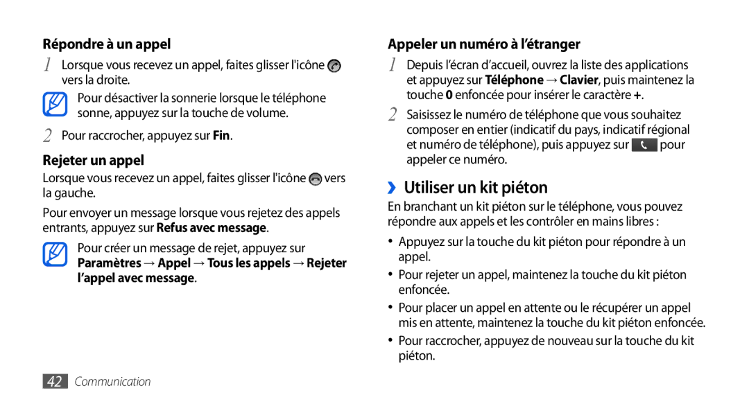 Samsung GT-I9000RWYNRJ manual ››Utiliser un kit piéton, Pour, Appeler ce numéro, Et numéro de téléphone, puis appuyez sur 