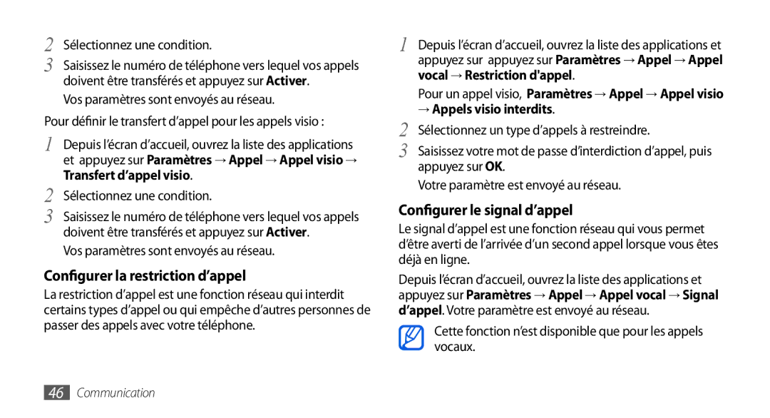 Samsung GT-I9000HAKSFR manual Sélectionnez une condition, Vos paramètres sont envoyés au réseau, Transfert d’appel visio 