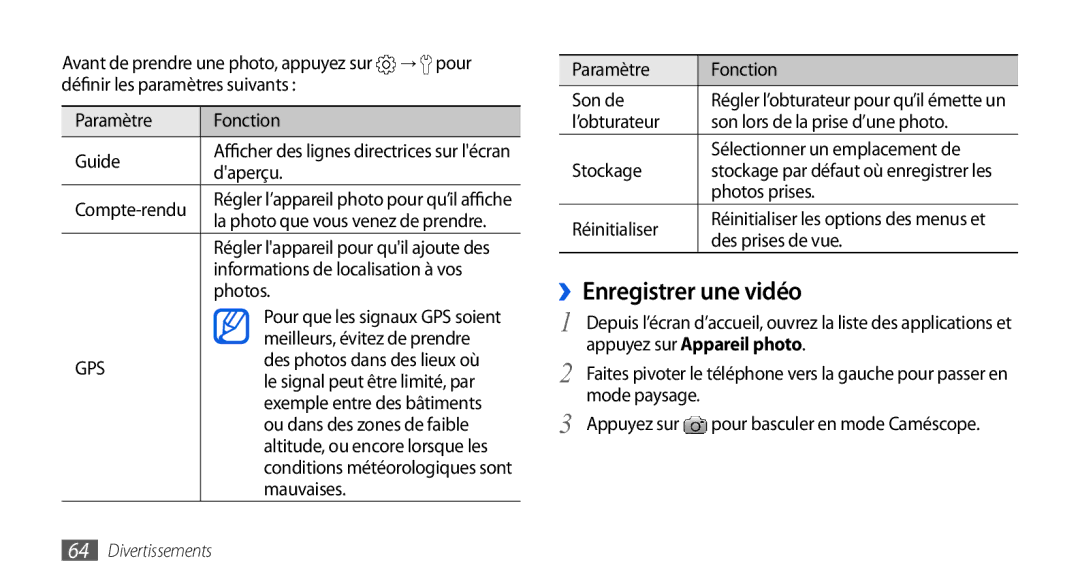 Samsung GT-I9000HKAFTM, GT-I9000HKYXEF, GT-I9000HKYNRJ, GT-I9000HKDFTM, GT-I9000RWYSFR, GT-I9000RWYBOG ››Enregistrer une vidéo 