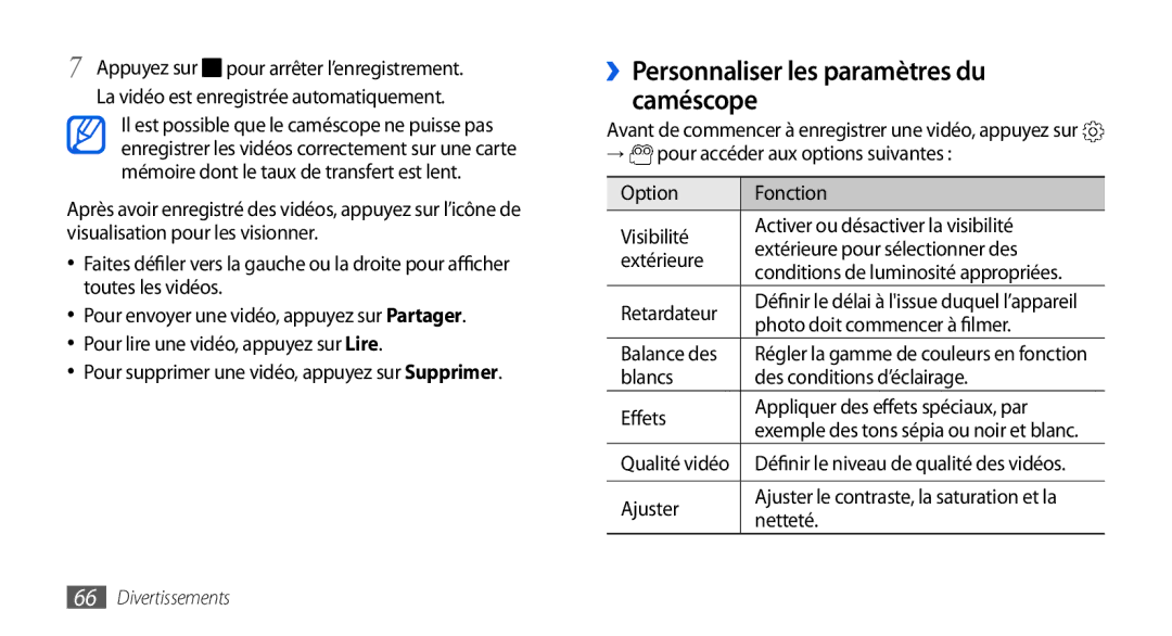 Samsung GT-I9000RWYNRJ, GT-I9000HKYXEF manual ››Personnaliser les paramètres du caméscope, Photo doit commencer à filmer 